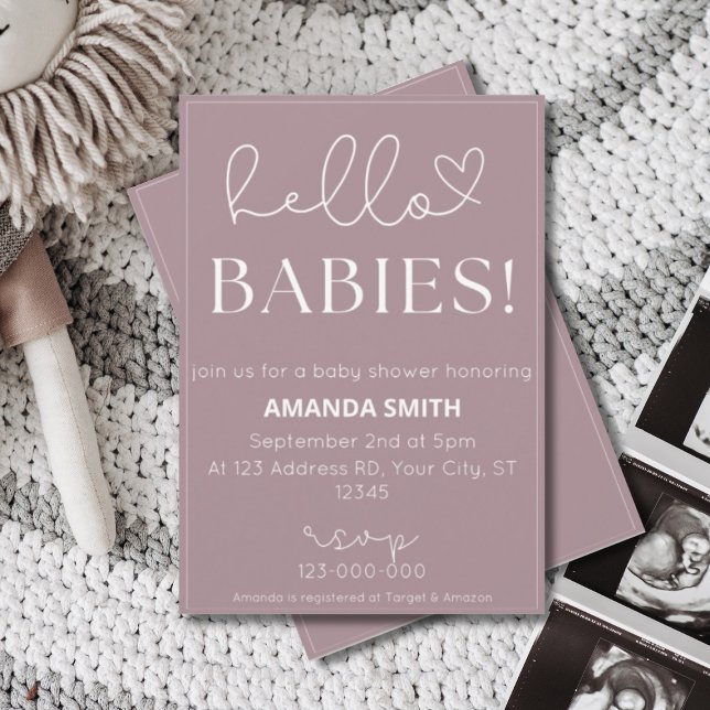 Twins Baby Shower, Hello Babies, Simple Typography Invitation (Creator Uploaded)