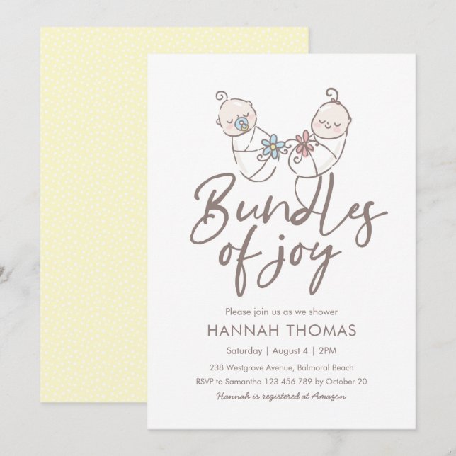 Twins Baby shower Invitation garçon et fille (Devant / Derrière)