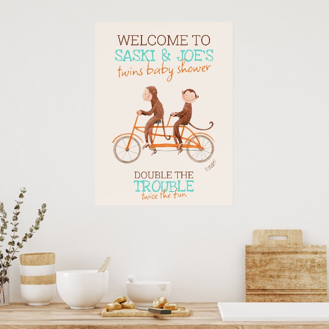 Twins Baby Shower Monkey Double Trouble Welcome Poster (Kitchen)