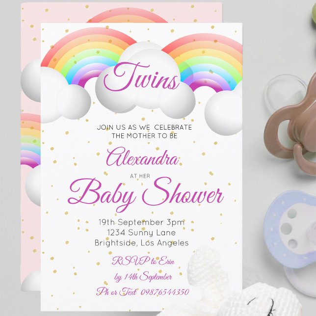 Twins Baby Shower Rainbow Clouds Pink Gold Spots Invitation (Creator Uploaded)