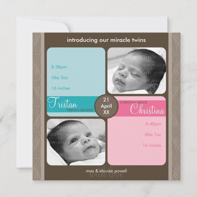 TWINS BABY THANK YOU :: cherished 1SQ Announcement (Front)
