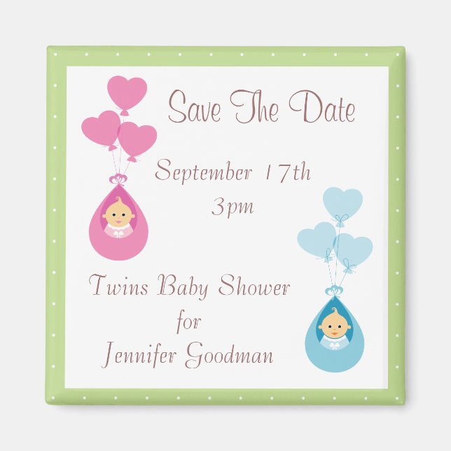 Twins & Balloons Save The Date Baby Shower Magnet (Front)