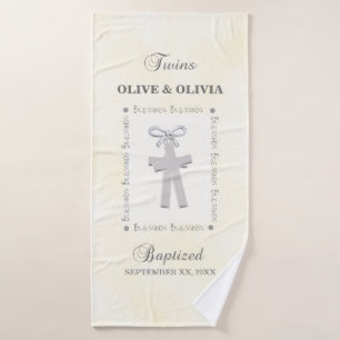 Twins Baptism on Yellow 2 Crosses Personalized Bath Towel