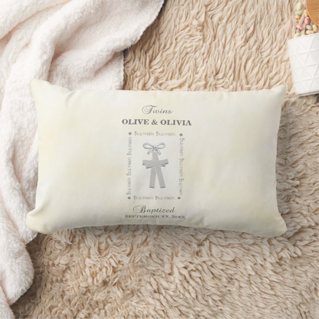 Twins Baptism on Yellow 2 Crosses Personalized Lumbar Pillow (Blanket)