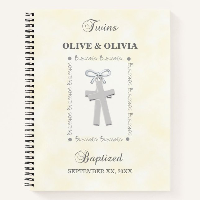 Twins Baptism on Yellow 2 Crosses Personalized Notebook (Front)