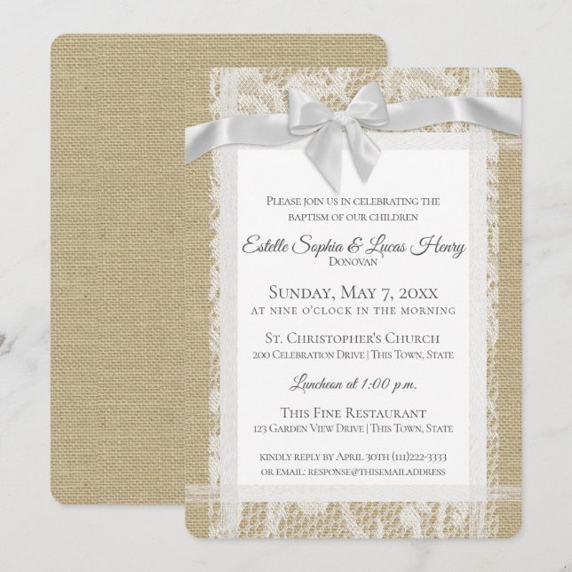 Twins Baptism White Bow Burlap and Lace Invitation (Front/Back)