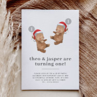 Twins Bear Balloon Santa Hat First Birthday