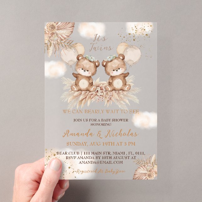 Twins Bear Boho Neutral Baby Shower Acrylic Invitations (Insitu (Handheld))