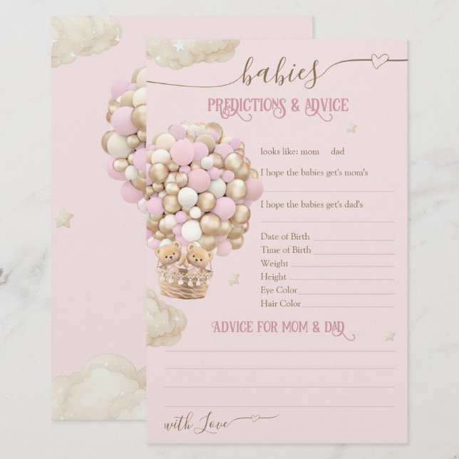 Twins Bear Pink Balloons Baby Girl Shower Game (Front/Back)