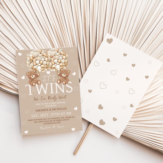 Twins Bear Tan Ivory Hearts & Balloons Baby Shower Invitation (Creator Uploaded)