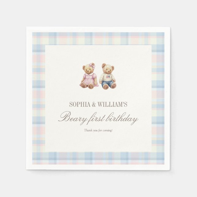 Twins Beary First Birthday Napkins | Pink Blue (Front)