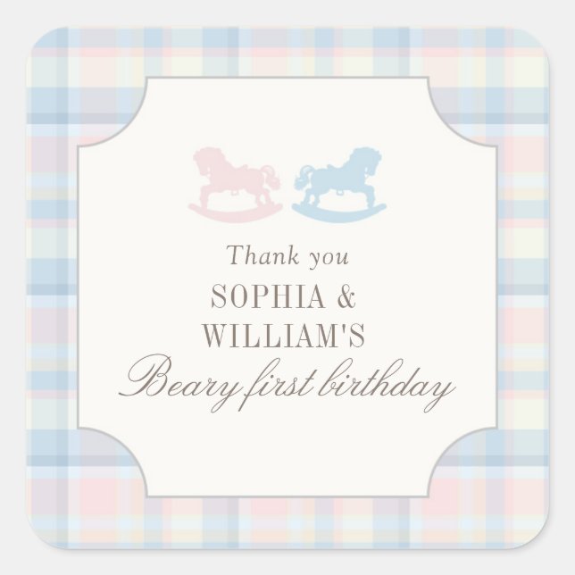 Twins Beary First Birthday Square Sticker (Front)