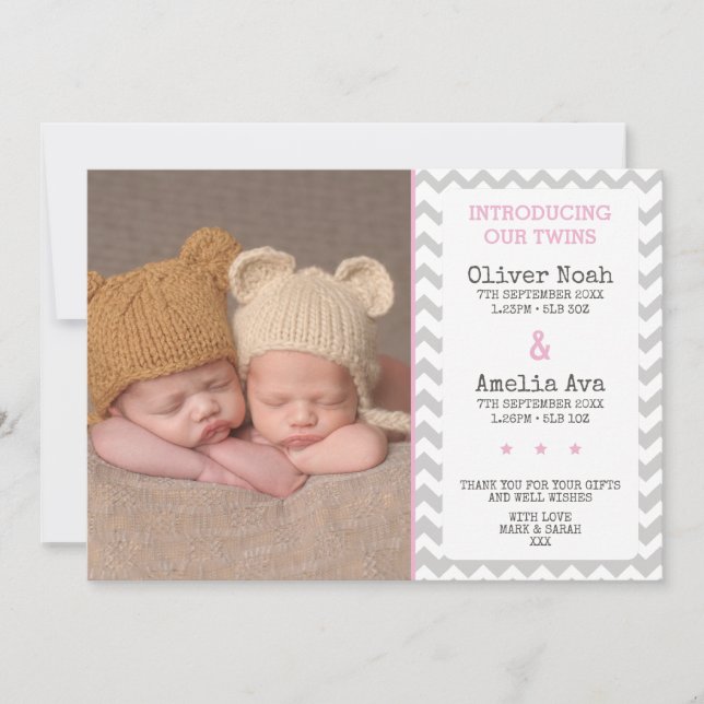 Twins birth announcement/thank you card (Front)