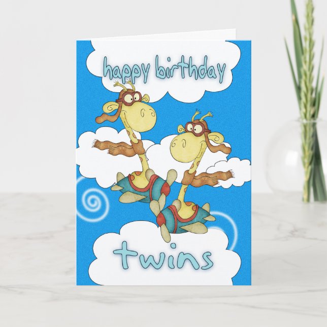 Twins Birthday Card - Aeroplane / Airplane Giraffe (Front)