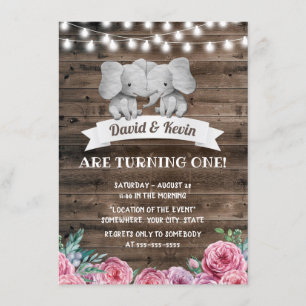 Twins Birthday Cute Elephant Vintage Floral Invitation