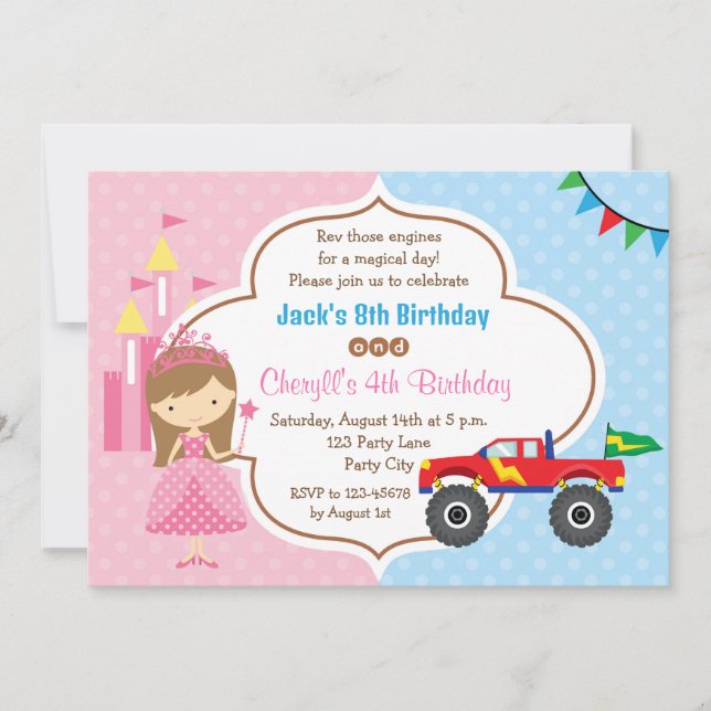 Twins Birthday Invitations Princess Monster Truck (Front)