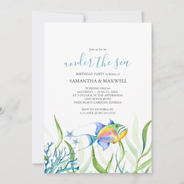 Twins Birthday Party Cute Tropical Fish Invitation (Front)