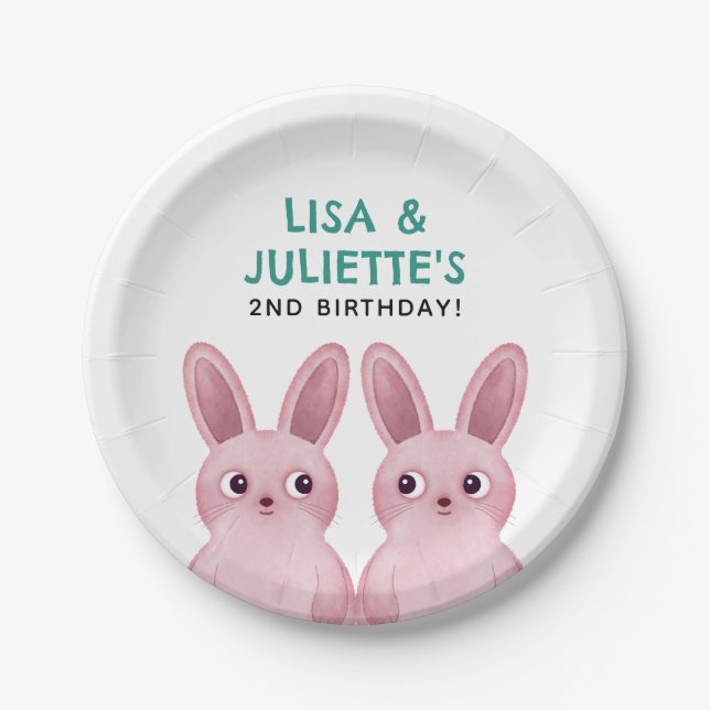 Twins birthday party with two pink bunny girls paper plate (Front)