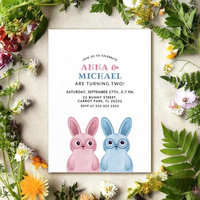 Twins Birthday with blue and pink rabbits Invitation (Creator Uploaded)