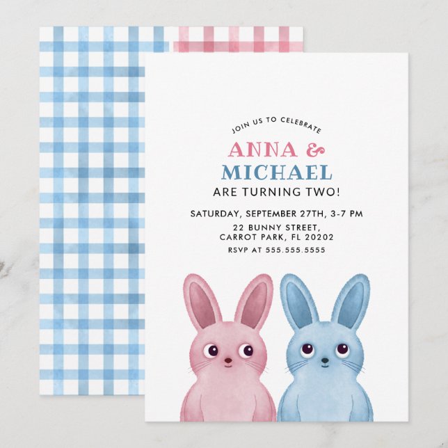 Twins Birthday with blue and pink rabbits Invitation (Front/Back)