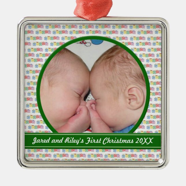 Twins Blocks First Christmas Ornament (Front)