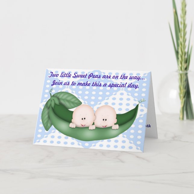 Twins Blue Boy Baby shower Pea dans une invitation (Devant)