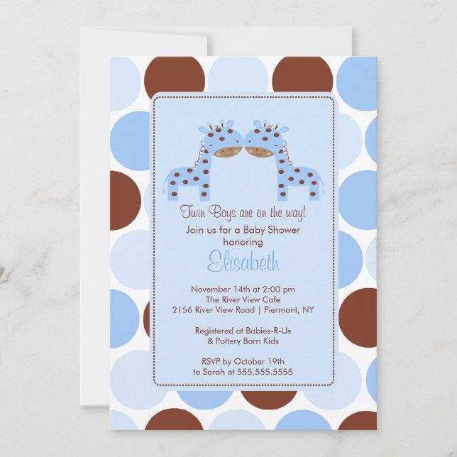 Twins Blue Giraffe Multiple Baby Shower Invitation (Front)