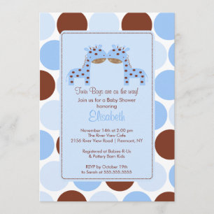 Twins Blue Giraffe Multiple Baby Shower Invitation