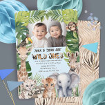 Twins blue wild one, safari 1st birthday photo invitation<br><div class="desc">Celebrate your twin boys' first safari adventure with our "Twins Safari Boy 1st Birthday" invitation card, themed around the 'Wild One' and 'Jungle Safari Animals'. This A7 double-sided invitation showcases an enchanting design featuring cute watercolor animals like a giraffe, lion, chimpanzee, zebra, tiger, raccoon, and toucan, all beautifully framed with...</div>