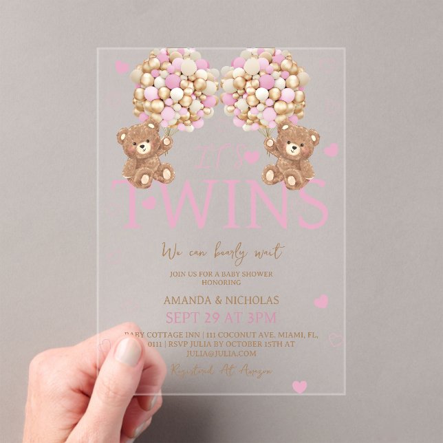 Twins Blush Pink Bear Girls Balloons Baby Shower  Acrylic Invitations (Insitu (Handheld))