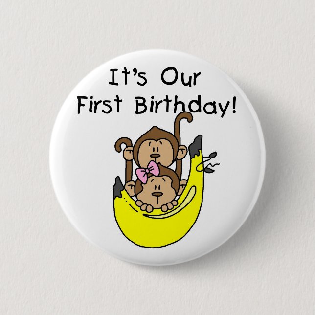 Twins - Boy and Girl Monkey 1st Birthday 2 Inch Round Button (Front)