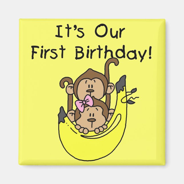 Twins - Boy and Girl Monkey 1st Birthday Magnet (Front)