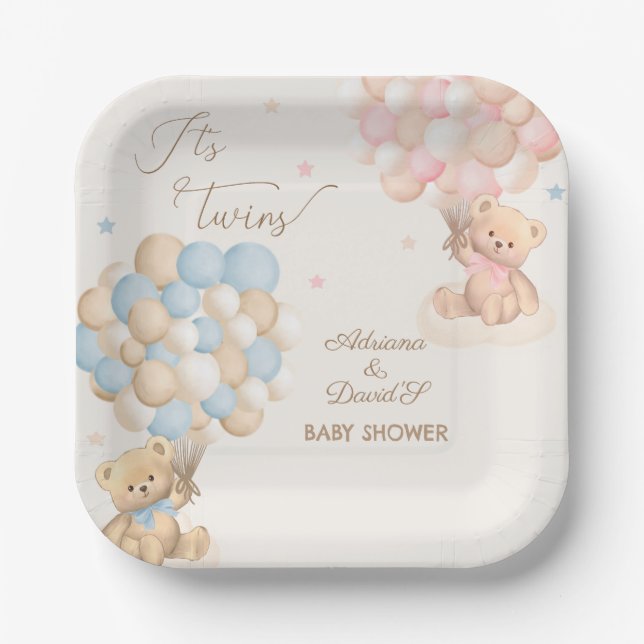 Twins Boy and Girl Pink Blue Baby Shower Paper Plate (Front)