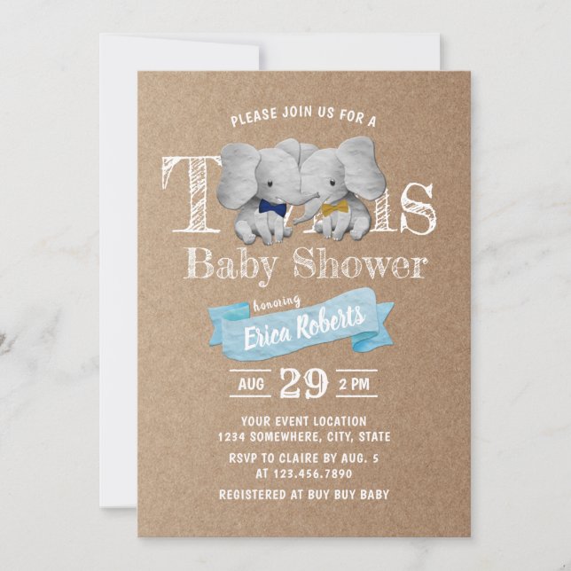 Twins Boy Cute Elephant Rustic Kraft Baby Shower Invitation (Front)