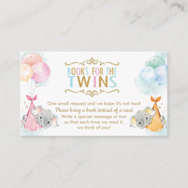 Twins Boy Girl Elephant Bring a Book Instead Enclosure Card (Front)
