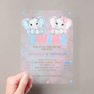 Twins Boy Girl Elephants Baby Shower Acrylic Invitations