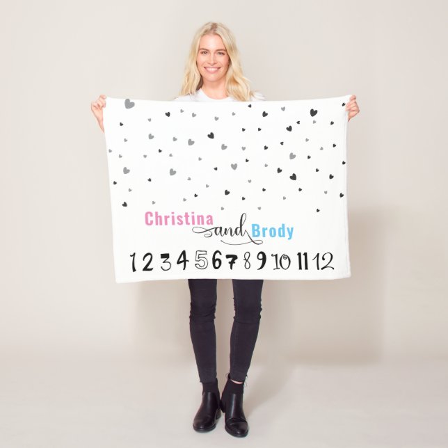 Twins Boy Girl Minimalist Trendy Month Milestone Fleece Blanket (In Situ)
