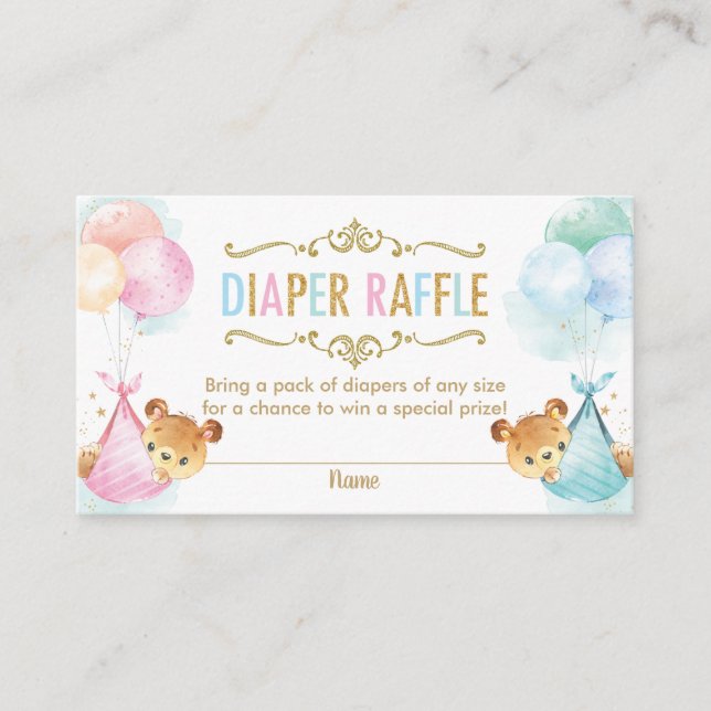 Twins Boy Girl Teddy Bears Diaper Raffle Ticket Enclosure Card (Front)