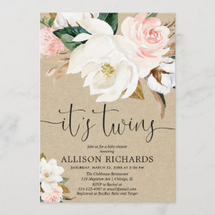 Twins boy girl white pink rustic kraft baby shower invitation