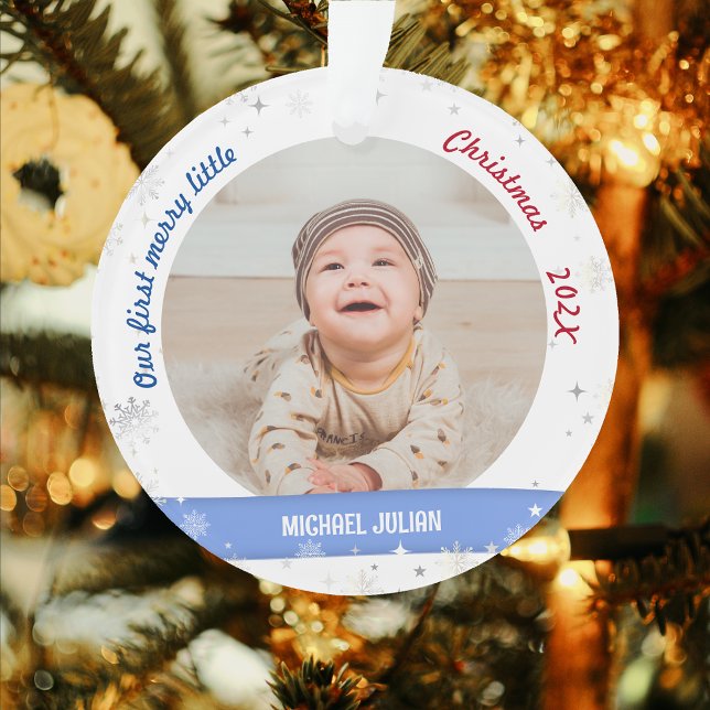 Twins Boys 2 Photos Premier Joyeux Petit Noël (Cute Modern Elegant Personalized Our First Merry Little Christmas Twin Baby Boys 2 Photos Snowflakes)