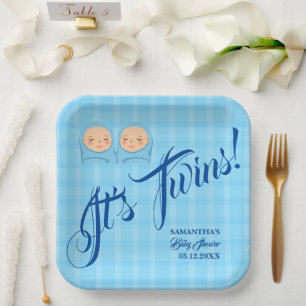Twins Boys Baby Shower Party Blue. Paper Plate