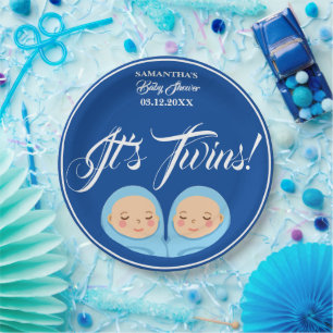 Twins Boys Baby Shower Party Blue.  Paper Plate