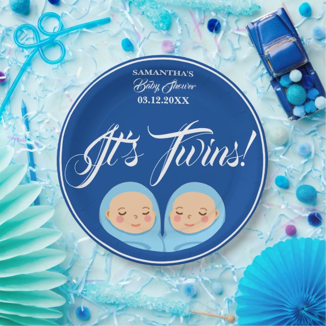 Twins Boys Baby Shower Party Blue.  Paper Plate (Party)