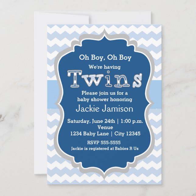 TWINS boys Blue Chevron Baby Shower Invitation (Front)
