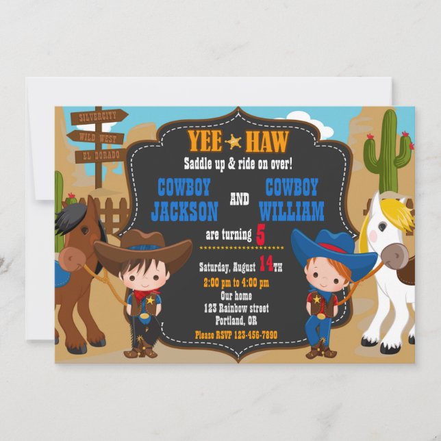 Twins boys Cowboys birthday invitation Wild west (Front)