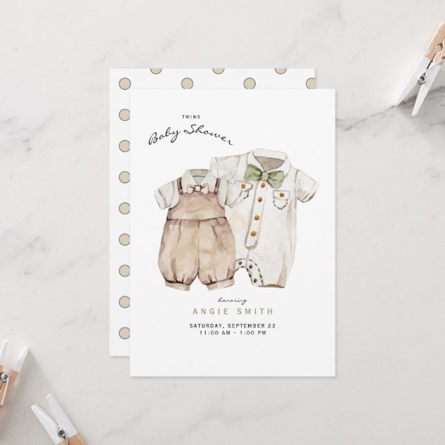Twins Boys Cute Clothes Baby Shower Invitation (Front/Back In Situ)