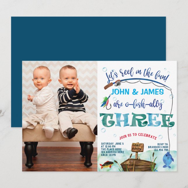 Twins boys little fisherman 3rd birthday photo invitation (Front/Back)