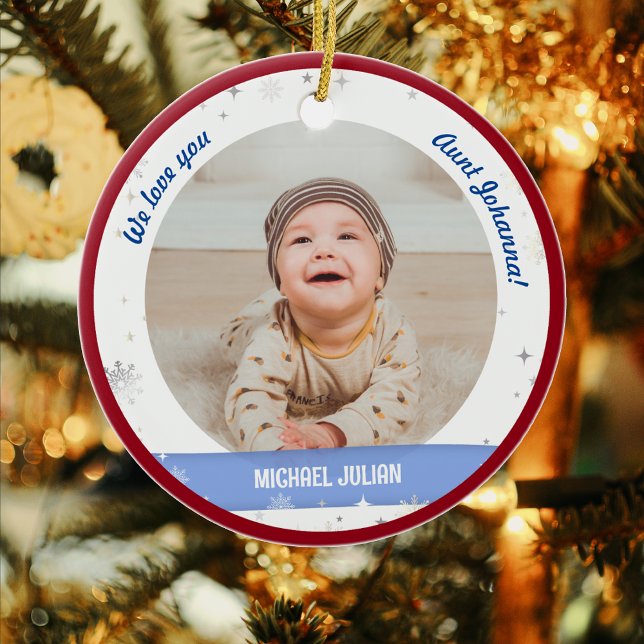 Twins Boys Photos Aunt Cute First Christmas Baby Ceramic Ornament (Cute Modern Elegant Personalized First Christmas Baby We love you Auntie Twin Boys 2 Photos Snow)