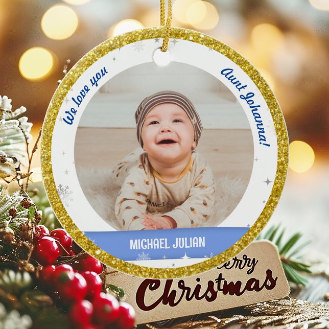 Twins Boys Photos Aunt Cute First Christmas Baby Ceramic Ornament (Cute Modern Elegant Personalized First Christmas Baby We love you Auntie Twin Boys 2 Photos Golden)