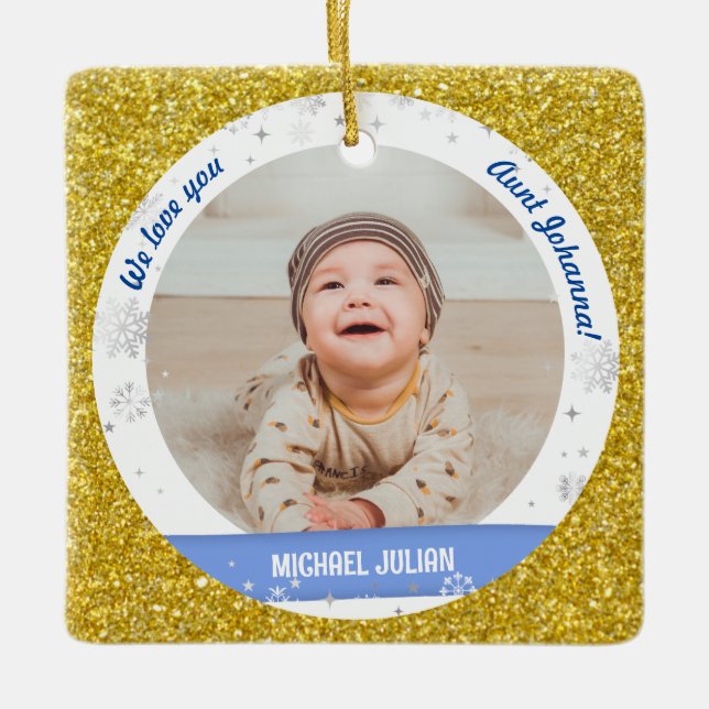 Twins Boys Photos Aunt Cute First Christmas Baby Ceramic Ornament (Front)